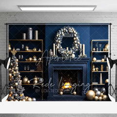 Aperturee - Aperturee Modern Luxury Christmas Backdrop Navy Blue Wall Gold Ornaments Fireplace Photo Background
