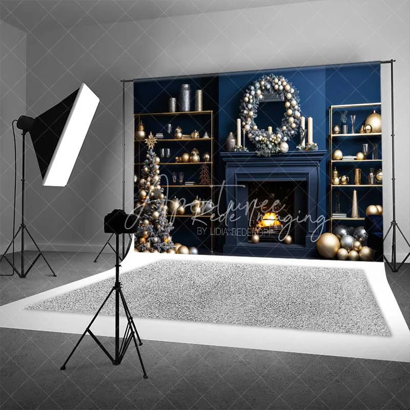 Aperturee - Aperturee Modern Luxury Christmas Backdrop Navy Blue Wall Gold Ornaments Fireplace Photo Background
