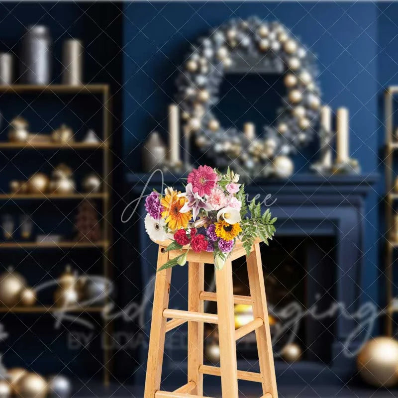 Aperturee - Aperturee Modern Luxury Christmas Backdrop Navy Blue Wall Gold Ornaments Fireplace Photo Background