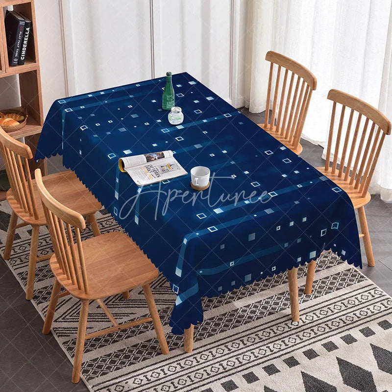 Aperturee - Aperturee Modern Navy Blue Geometric Squares and Dots Rectangle Tablecloth Scalloped Edge for Dining and Party Decor