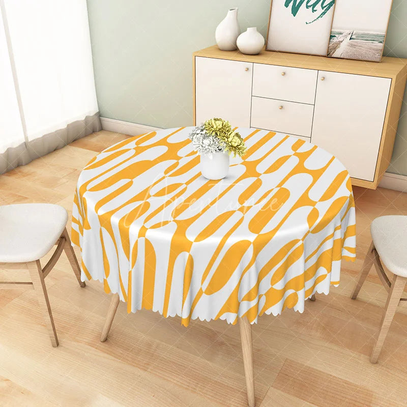 Aperturee - Aperturee Modern Orange and White Abstract Pattern Round Tablecloth for Contemporary and Vibrant Kitchen Decor