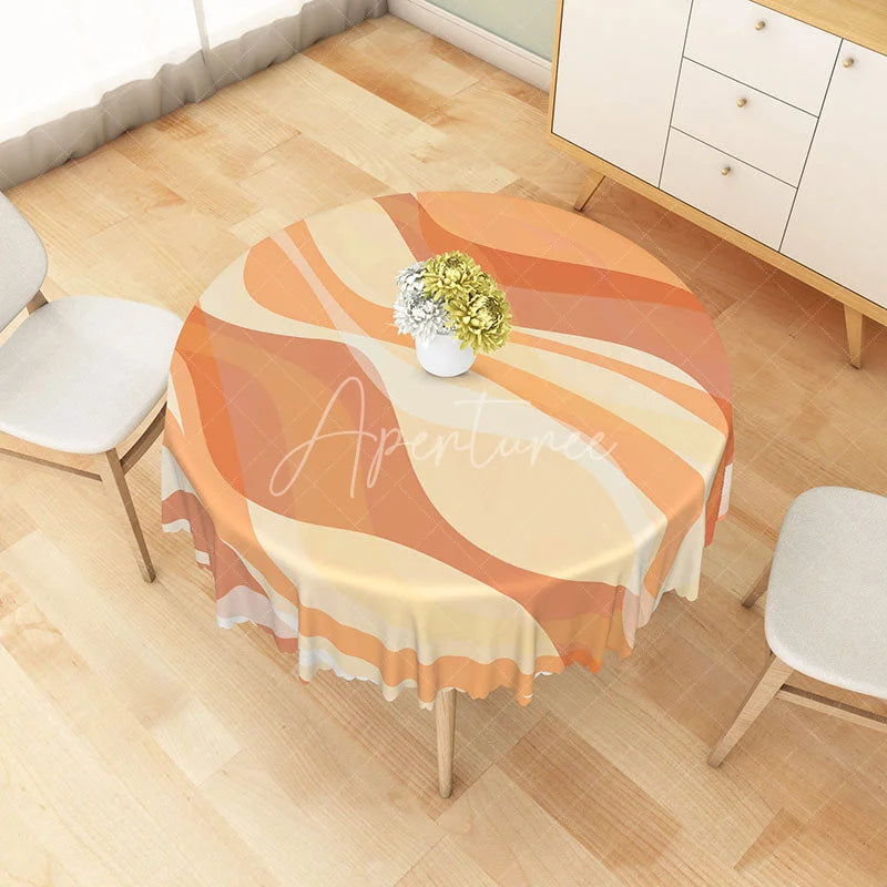 Aperturee - Aperturee Modern Orange Wavy Stripe Round Tablecloth for Retro 70s and Abstract Contemporary Kitchen Decor