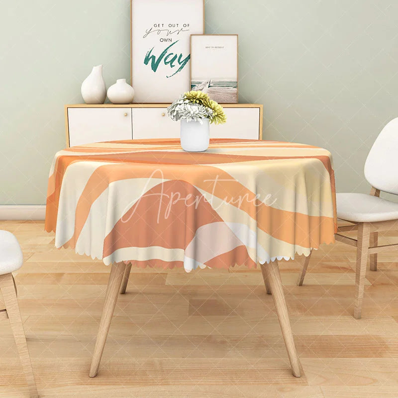 Aperturee - Aperturee Modern Orange Wavy Stripe Round Tablecloth for Retro 70s and Abstract Contemporary Kitchen Decor