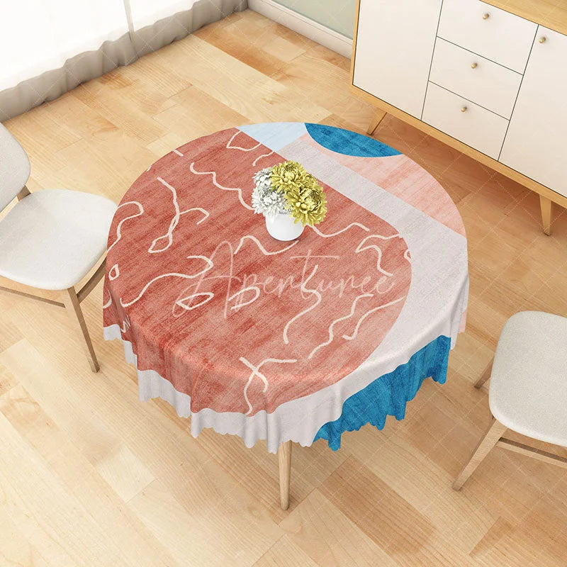 Aperturee - Aperturee Modern Patchwork Round Tablecloth in Red Blue and Gray for Abstract and Contemporary Decor