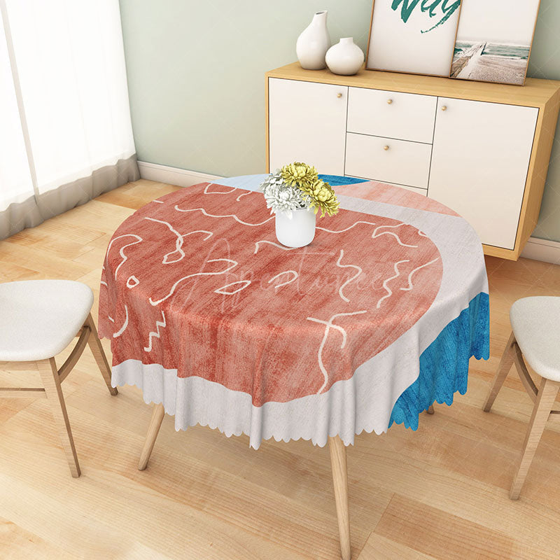 Aperturee - Aperturee Modern Patchwork Round Tablecloth in Red Blue and Gray for Abstract and Contemporary Decor