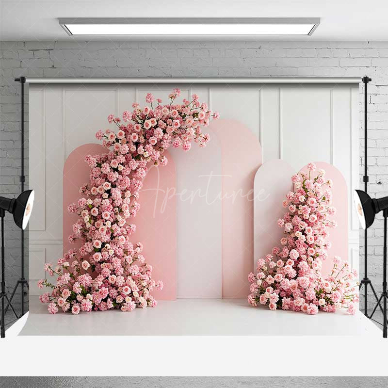 Aperturee Aperturee Modern Pink Arch Panels Photography Backdrop Romantic Rose Flower Garland Minimalist Bridal Shower Photo Prop