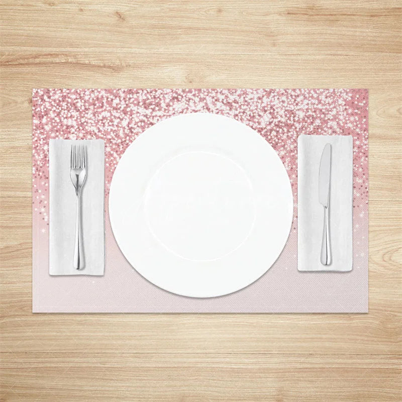 Aperturee - Aperturee Modern Pink on Pink Glitter Effect Set of 4 Placemats for Glam Birthday Bachelorette and Party Decor