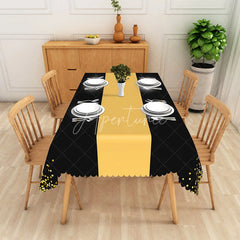 Aperturee - Aperturee Modern Polka Dot Tablecloth in Black Yellow and Gold for Birthday New Year’s or Graduation Party