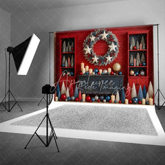 Aperturee - Aperturee Modern Red and Blue Backdrop White Star Wreath Shelves Cabinet Christmas Decor Photo Background