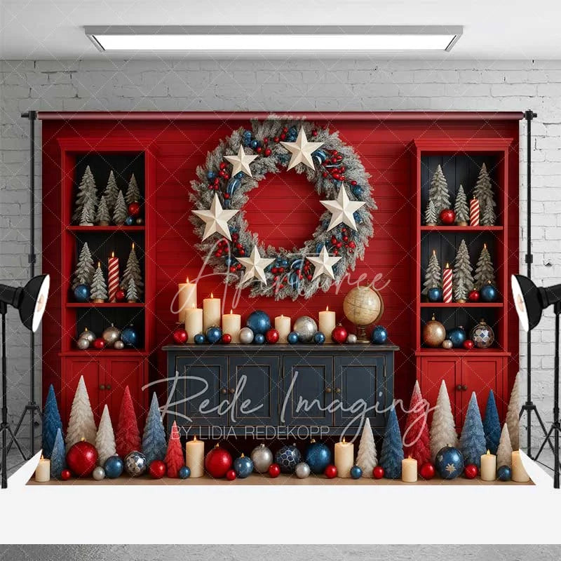 Aperturee - Aperturee Modern Red and Blue Backdrop White Star Wreath Shelves Cabinet Christmas Decor Photo Background