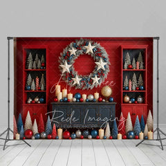 Aperturee - Aperturee Modern Red and Blue Backdrop White Star Wreath Shelves Cabinet Christmas Decor Photo Background