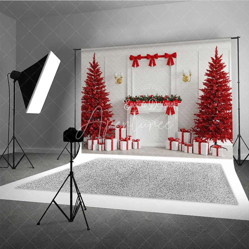 Aperturee - Aperturee Modern Red Christmas Photography Backdrop All Red Trees with White Fireplace Bold Holiday Photo Background