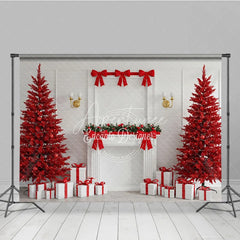 Aperturee - Aperturee Modern Red Christmas Photography Backdrop All Red Trees with White Fireplace Bold Holiday Photo Background