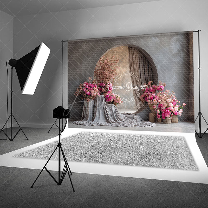 Aperturee - Aperturee Modern Round Window Photography Backdrop with Pink Peonies Minimalist Floral Elegant Wedding Photo Background