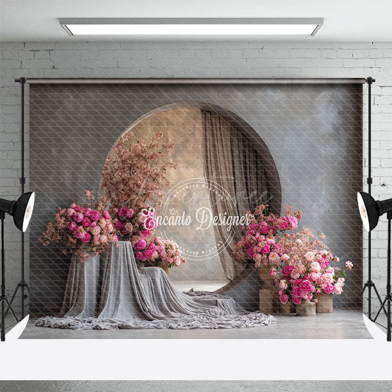 Aperturee - Aperturee Modern Round Window Photography Backdrop with Pink Peonies Minimalist Floral Elegant Wedding Photo Background