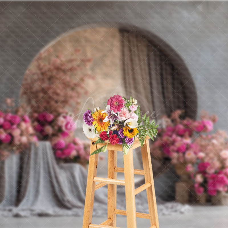 Aperturee - Aperturee Modern Round Window Photography Backdrop with Pink Peonies Minimalist Floral Elegant Wedding Photo Background