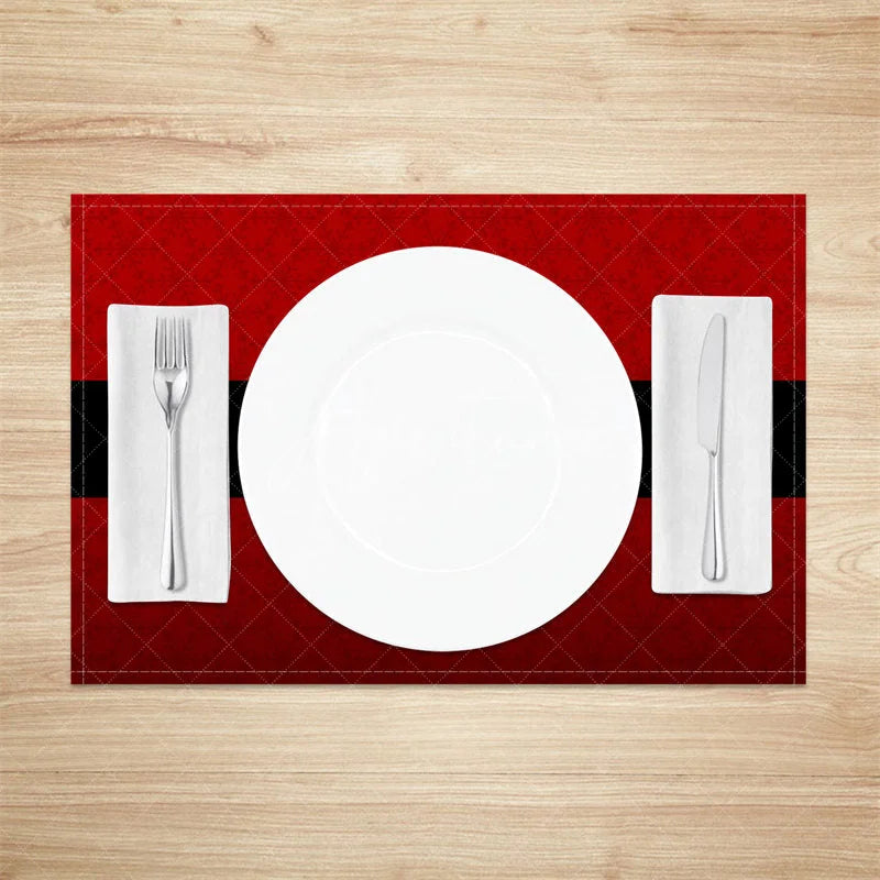 Aperturee - Aperturee Modern Santa Belt Set of 4 Placemats Minimalist Red and Black Christmas Holiday Table Mats Decor