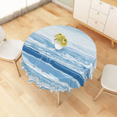 Aperturee - Aperturee Modern Summer Round Tablecloth with Blue and White Ocean Wave Print for Coastal and Beach House Decor
