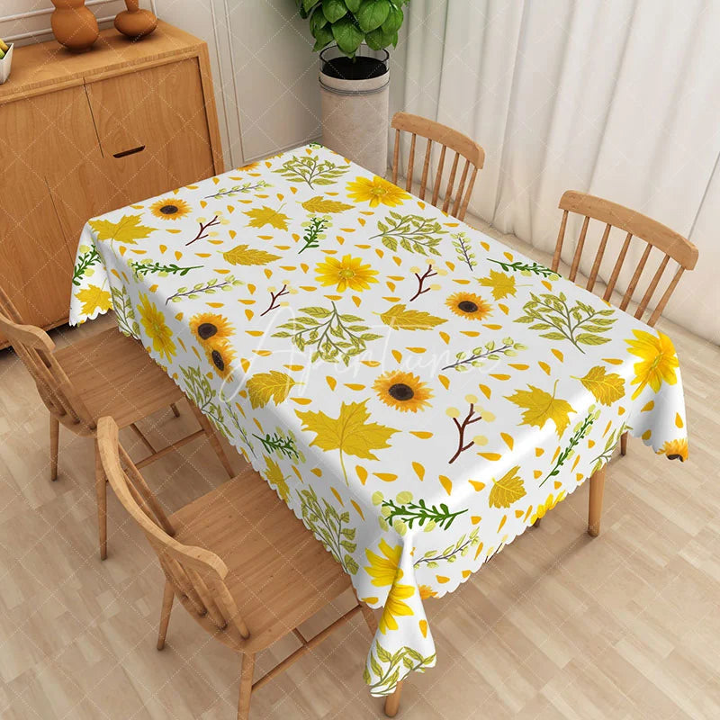 Aperturee - Aperturee Modern Sunflower Tablecloth with Yellow Floral Pattern for Farmhouse Kitchen Summer or Fall Decor