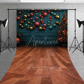 Aperturee - Aperturee Modern Teal Christmas Sweep Backdrop Hanging Ornaments Tree Wooden Floor Room Photo Background