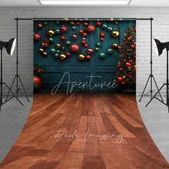 Aperturee - Aperturee Modern Teal Christmas Sweep Backdrop Hanging Ornaments Tree Wooden Floor Room Photo Background