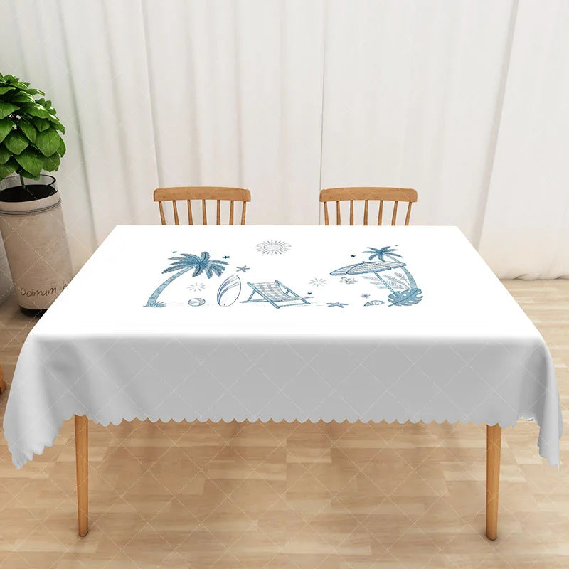 Aperturee - Aperturee Modern Tropical Palm Leaf Rectangle Tablecloth in Light Gray and Blue for Coastal and Minimalist Decor