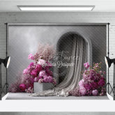Aperturee - Aperturee Modern Wedding Arch Backdrop Grey Wall with Pink Peony Abstract Minimalist Bridal Shower Photo Props