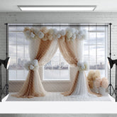 Aperturee - Aperturee Modern Wedding Ceremony Photography Backdrop Brown and White Drapes with Hydrangeas City View Window Background