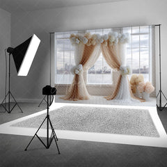 Aperturee - Aperturee Modern Wedding Ceremony Photography Backdrop Brown and White Drapes with Hydrangeas City View Window Background