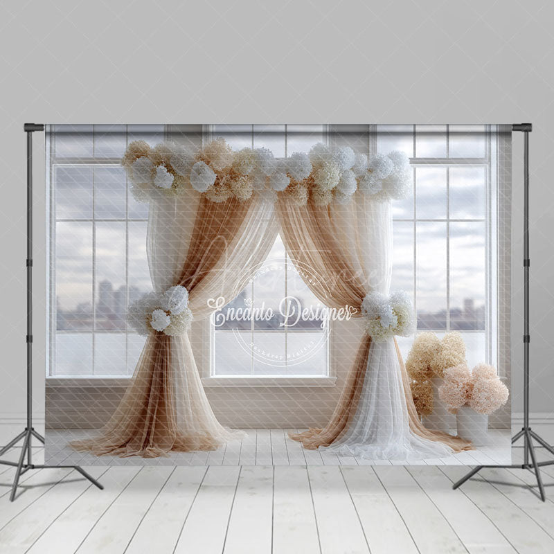 Aperturee - Aperturee Modern Wedding Ceremony Photography Backdrop Brown and White Drapes with Hydrangeas City View Window Background