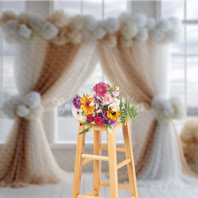 Aperturee - Aperturee Modern Wedding Ceremony Photography Backdrop Brown and White Drapes with Hydrangeas City View Window Background