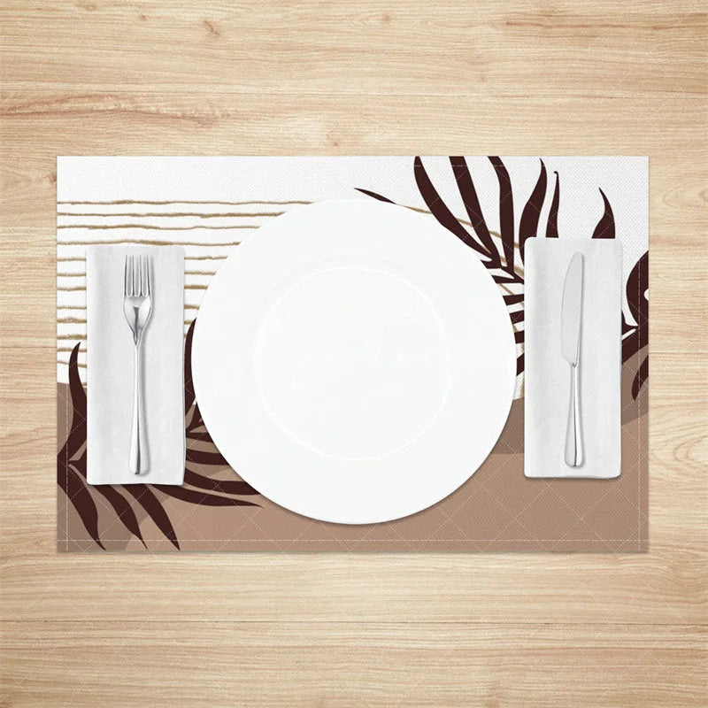 Aperturee - Aperturee Modern White and Brown Leaf Stripe Set of 4 Placemats for Botanical and Farmhouse Kitchen Dining Decor