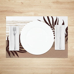 Aperturee - Aperturee Modern White and Brown Leaf Stripe Set of 4 Placemats for Botanical and Farmhouse Kitchen Dining Decor