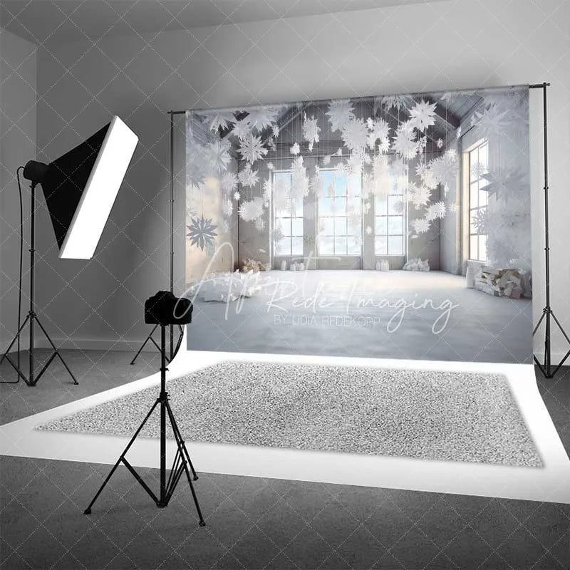 Aperturee - Aperturee Modern Winter Loft Backdrop Hanging 3D Snowflakes Industrial Windows Snow Floor Photo Background