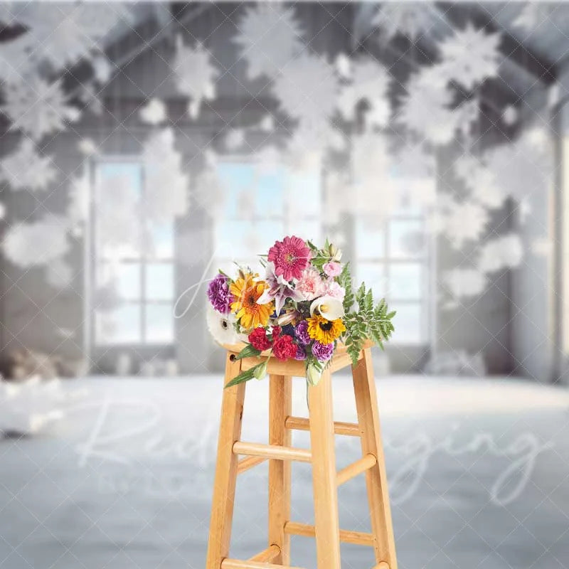 Aperturee - Aperturee Modern Winter Loft Backdrop Hanging 3D Snowflakes Industrial Windows Snow Floor Photo Background