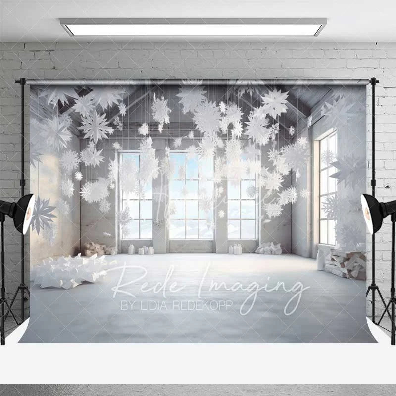 Aperturee - Aperturee Modern Winter Loft Backdrop Hanging 3D Snowflakes Industrial Windows Snow Floor Photo Background
