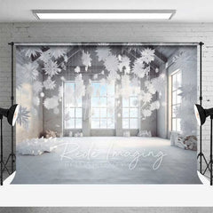 Aperturee - Aperturee Modern Winter Loft Backdrop Hanging 3D Snowflakes Industrial Windows Snow Floor Photo Background