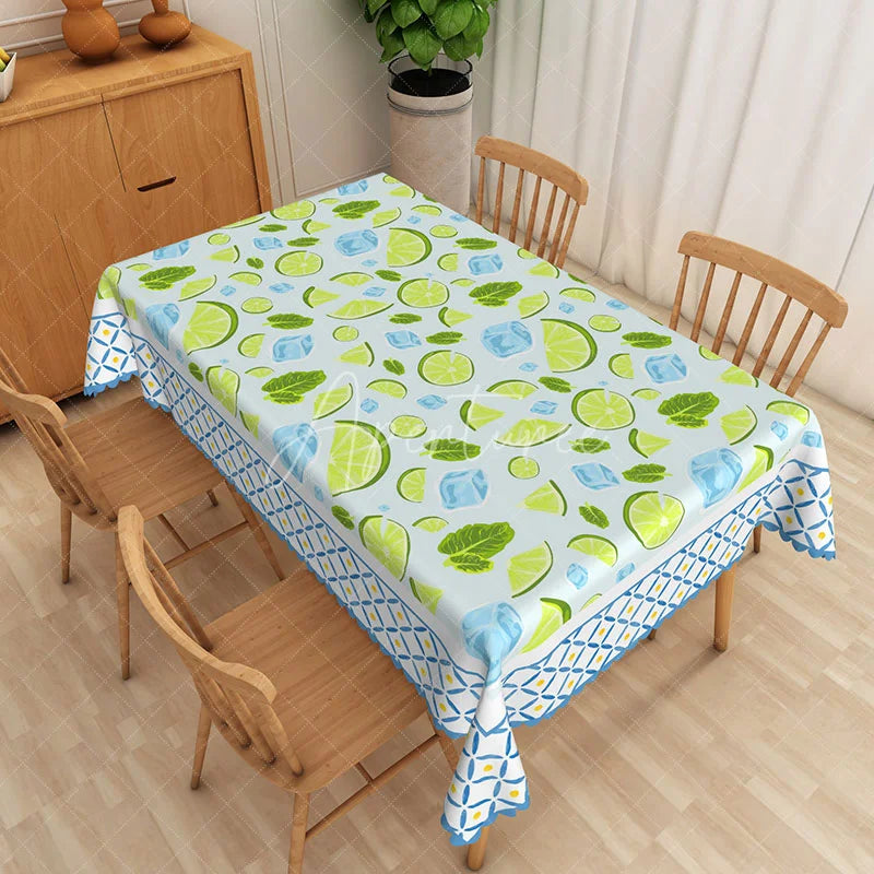Aperturee - Aperturee Mojito Mint Rectangle Tablecloth Lime and Ice Cube Pattern Dining Table Cover