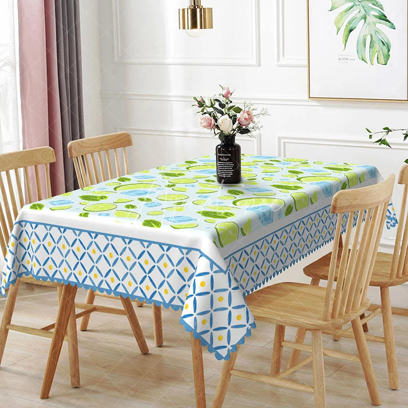 Aperturee - Aperturee Mojito Mint Rectangle Tablecloth Lime and Ice Cube Pattern Dining Table Cover