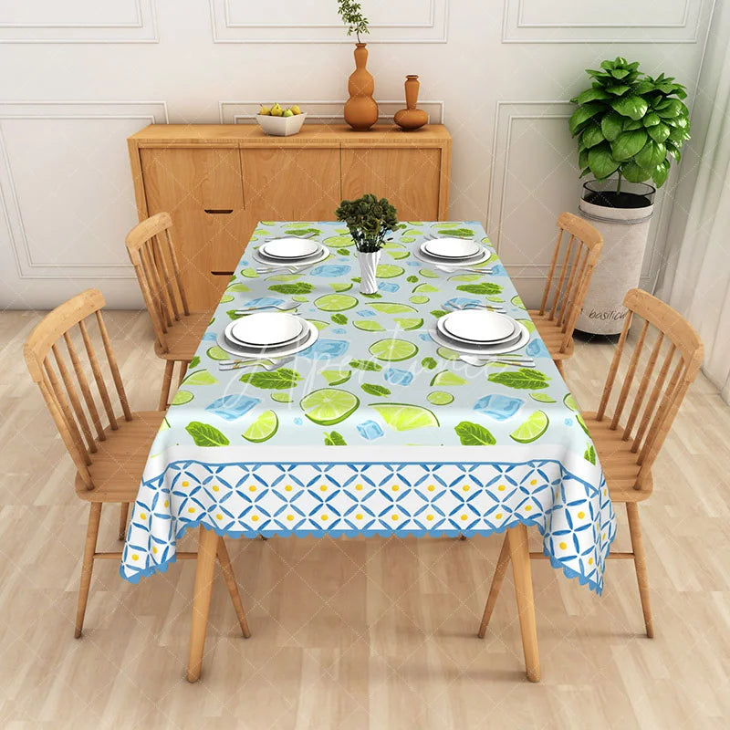 Aperturee - Aperturee Mojito Mint Rectangle Tablecloth Lime and Ice Cube Pattern Dining Table Cover