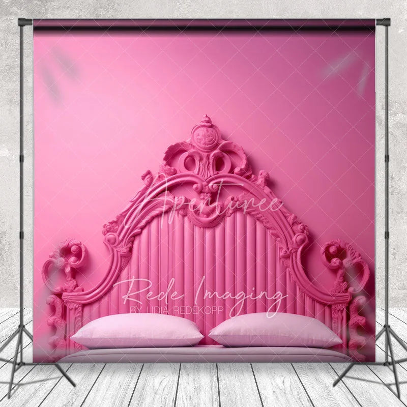 Aperturee - Aperturee Monochrome Pink Ornate Headboard Backdrop Luxury Carved Bed Style Photography Background