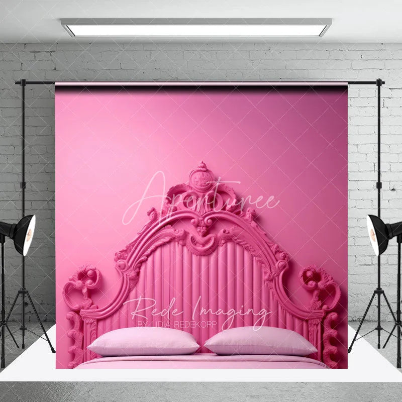 Aperturee - Aperturee Monochrome Pink Ornate Headboard Backdrop Luxury Carved Bed Style Photography Background