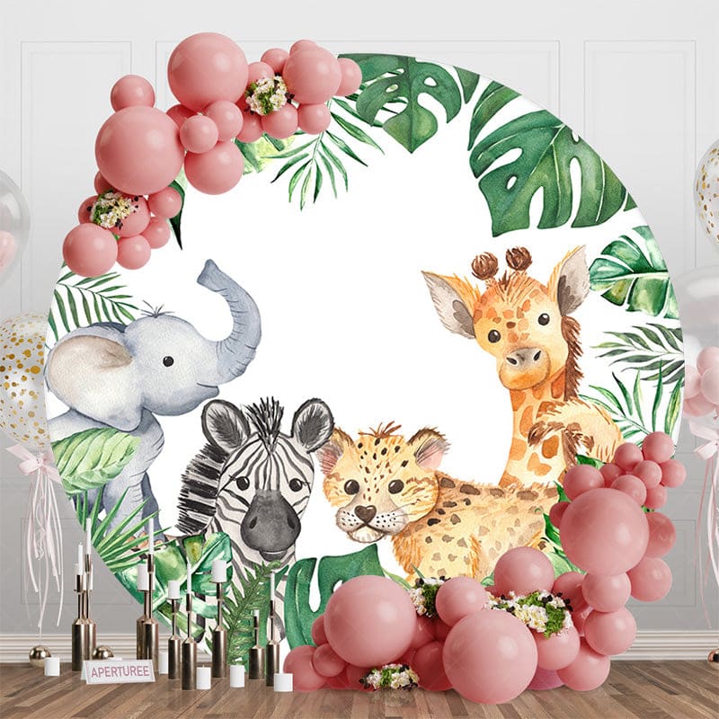 Aperturee - Aperturee Monstera Safari Animals Round Baby Shower Backdrop