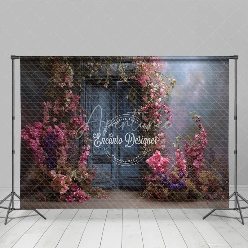 Aperturee - Aperturee Moody Blue Door Photography Backdrop Enchanted Garden with Pink Flowers Fine Art Painterly Photo Background