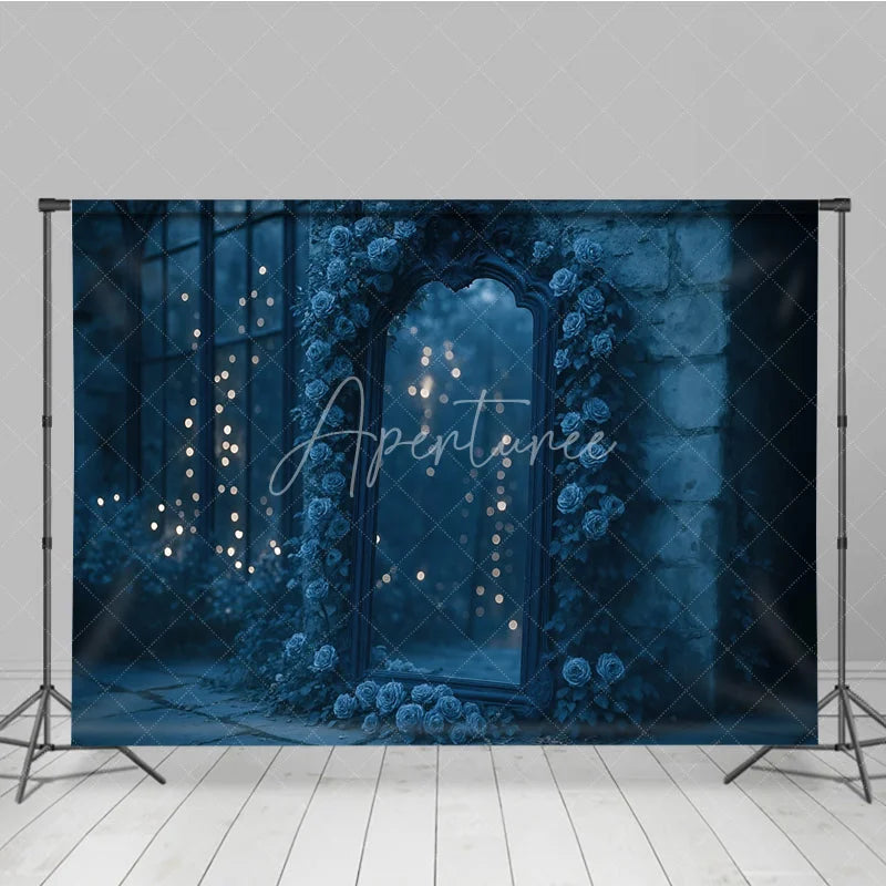 Aperturee - Aperturee Moody Blue Roses and Mirror Photography Backdrop Enchanted Garden with Bokeh Lights Fine Art Photo Background