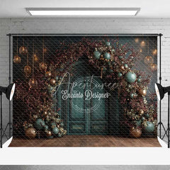 Aperturee - Aperturee Moody Dark Green Christmas Backdrop Bronze Ornament Floral Arch Photography Background