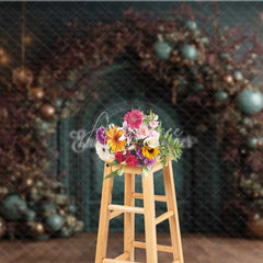 Aperturee - Aperturee Moody Dark Green Christmas Backdrop Bronze Ornament Floral Arch Photography Background