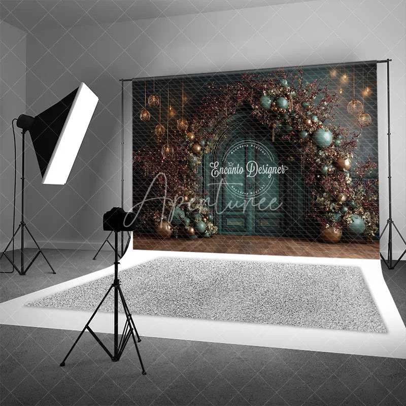Aperturee - Aperturee Moody Dark Green Christmas Backdrop Bronze Ornament Floral Arch Photography Background