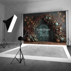 Aperturee - Aperturee Moody Dark Green Christmas Backdrop Bronze Ornament Floral Arch Photography Background