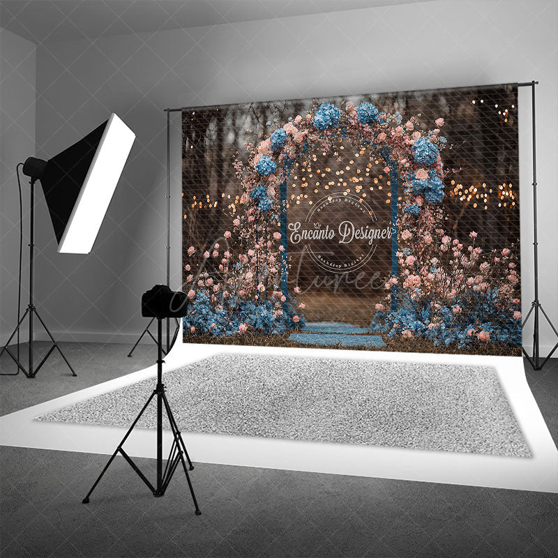 Aperturee - Aperturee Moody Floral Arch Photography Backdrop with Bokeh Lights Pink and Blue Flowers Romantic Wedding Photo Background